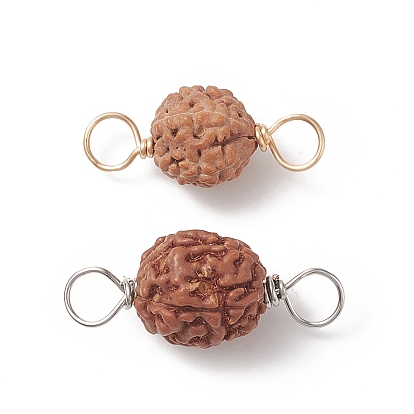 Round Natural Wood Connector Charms, Sienna Rudraksha Links, with Copper Wire