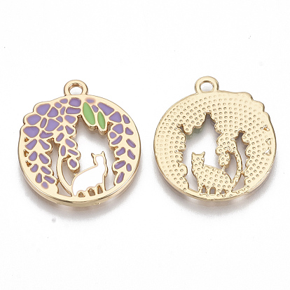 Alloy Pendants, with Enamel, Flat Round with Leaf and Cat Shape, Golden