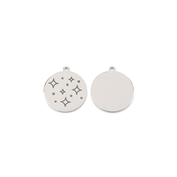 304 Stainless Steel Pendants, Flat Round with Star Pattern