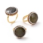 Natural Labradorite Flat Round Adjustable Ring with Rhinestone, Golden Brass Jewelry for Women