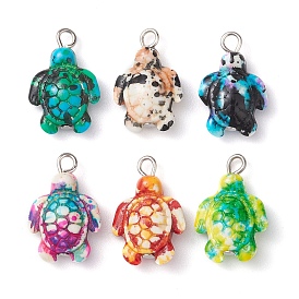 6Pcs 6 Color Dyed Synthetic Turquoise Sea Animal Pendants, Turtle Charms with Iron Loops, Platinum