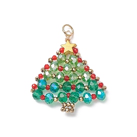 Glass Seed Bead Braided Pendants, with Brass Jump Ring, Christmas Tree