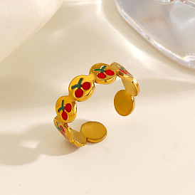 304 Stainless Steel Enamel Cuff Open Rings, Cherry, Wide Band Rings, Golden