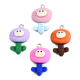Opaque Resin Pendants, with Platinum Plated Iron Loops, Flower Charm with Smiling Face Pattern