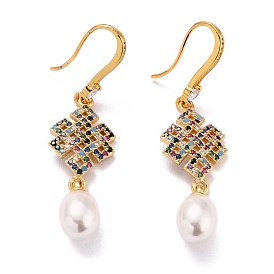 Chinese Knot Sparkling Cubic Zirconia Flat Round Pendant Dangle Earrings for Her, Real 18K Gold Plated Brass Earrings with Acrylic Pearl Beads