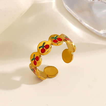 304 Stainless Steel Enamel Cuff Open Rings, Cherry, Wide Band Rings, Golden