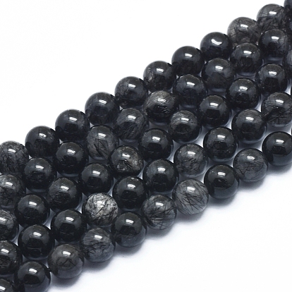 Natural Tourmalinated Quartz/Black Rutilated Quartz  Beads Strands, Round