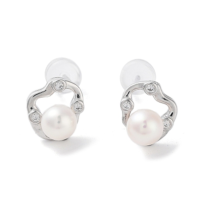 Natural Pearl Stud Earrings for Women, with Sterling Silver Pins and Rhinestone