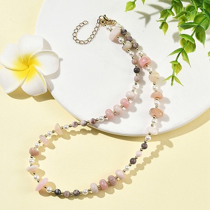 Natural Pink Opal Nuggets & Pink Talc Rondelle & Pink Zebra Round Beaded Necklaces with Shell Pearl and 304 Stainless Steel End Chains, Golden