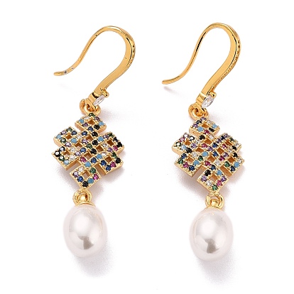 Chinese Knot Sparkling Cubic Zirconia Flat Round Pendant Dangle Earrings for Her, Real 18K Gold Plated Brass Earrings with Acrylic Pearl Beads