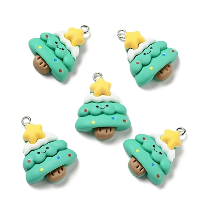 Christmas Opaque Resin Pendants, with Platinum Tone Iron Loops, Christmas Tree with Star Charm