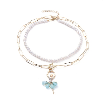 Pendant & Beaded Necklaces Sets, with Natural Pearl, Alloy Resin Pendants, Iron Paperclip Chains, 304 Stainless Steel Lobster Claw Clasps & Toggle Clasps, Ballet Girl