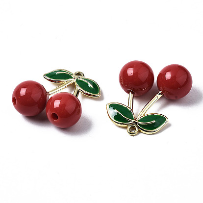 Alloy Enamel Pendants, with Opaque Acrylic, Cadmium Free & Lead Free, 3D Cherry with Green Leaf