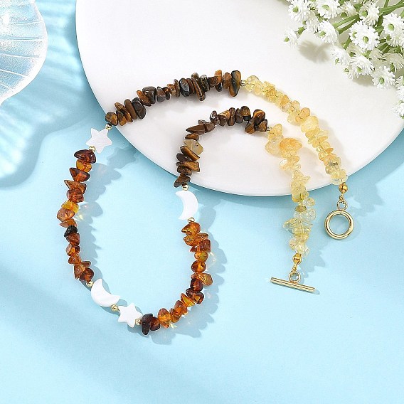 Natural Amber & Tiger Eye & Heated Citrine Chip Beaded Necklaces, Natural Shell Moon Star Necklaces with 304 Stainless Steel Toggle Clasps, Golden
