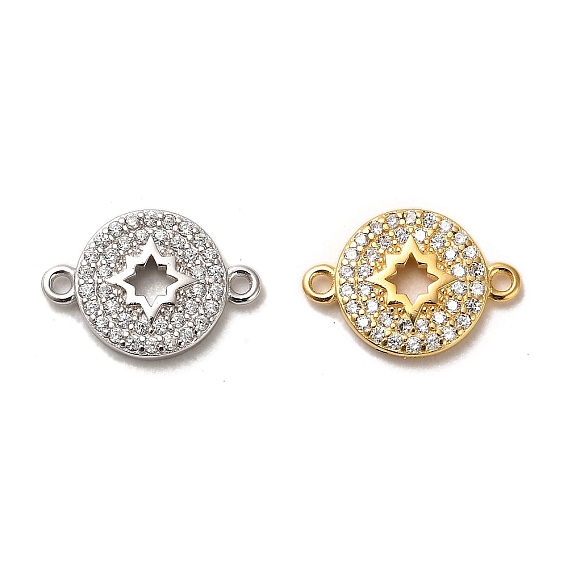 925 Sterling Silver Connector Charms, with Clear Cubic Zirconia, Flat Round with 925 Stamp