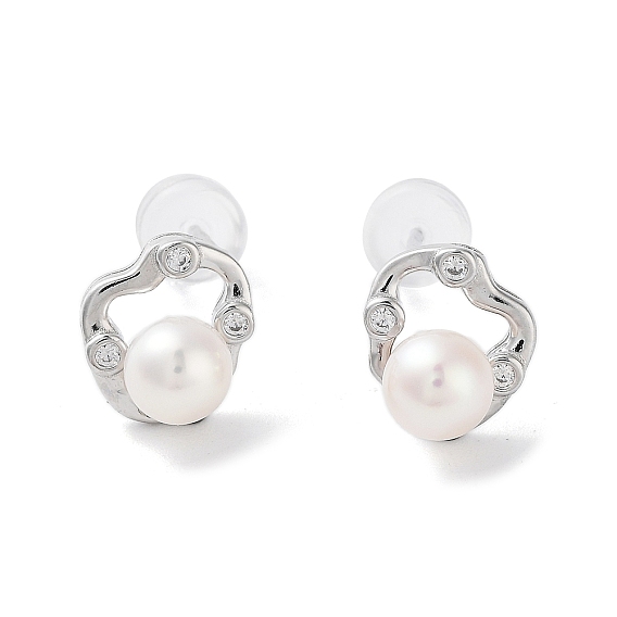 Natural Pearl Stud Earrings for Women, with Sterling Silver Pins and Rhinestone