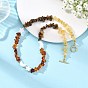 Natural Amber & Tiger Eye & Heated Citrine Chip Beaded Necklaces, Natural Shell Moon Star Necklaces with 304 Stainless Steel Toggle Clasps, Golden