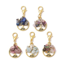 5Pcs 5 Styles Flat Round with Tree of Life Natural Lapis Lazuli & Tourmaline & Flower Amazonite & Rhodonite & Amethyst Chips Pendant Decorations, with Alloy Clasps