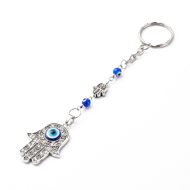 Alloy Keychain, with Iron & 304 Stainless Steel Key Clasp Findings, and Tibetan Style Alloy Beaads, Hamsa Hand with Evil Eye