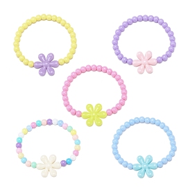 Opaque Acrylic Beaded Stretch Bracelets, with Flower Charms for Kids
