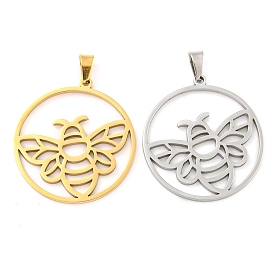 304 Stainless Steel Pendants, Laser Cut, Hollow Ring with Bee Charm