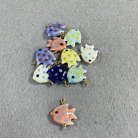 10Pcs Handmade Porcelain Pendants, with 304 Stainless Steel Findings, Bright Glazed Porcelain, Fish with Polka Dot Charms, Golden