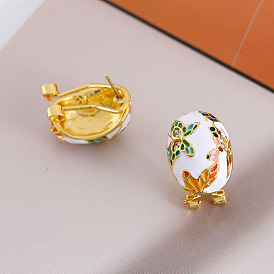 Alloy Enamel Oval with Butterfly Pattern Stud Earrings for Women, with Rhinestone, Golden