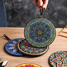 Flat Round with Mandala Pattern Ceramic & Cork Cup Coaster, Heat Resistant Pot Mats, for Home Kitchen