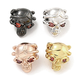 Brass Micro Pave Red Cubic Zirconia Beads, Skull