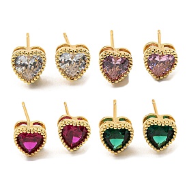 Cubic Zirconia Heart Stud Earrings, Real 18K Gold Plated Brass Earrings, Cadmium Free & Lead Free