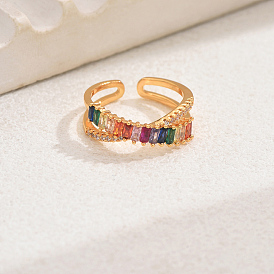 Vintage European Style Brass Colorful Cubic Zirconia Open Cuff Ring, Criss Cross Ring for Women