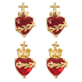4шт 2 стили латунные стеклянные подвески, сердце с крестом, без свинца и без кадмия, долговечный, стойки покрытие, граненые