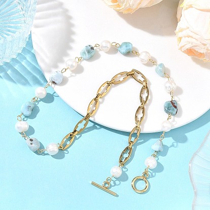 Natural Larimar Nuggets & Cultured Freshwater Pearl Beaded Chain Necklaces for Women, with 304 Stainless Steel Hollow Cross Link Chains