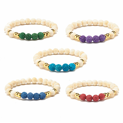 Natural Wood  & Synthetic Lava Rock(Dyed) Round Beaded Stretch Bracelet, Essential Oil Gemstone Jewelry for Women