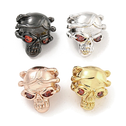 Brass Micro Pave Red Cubic Zirconia Beads, Cadmium Free & Nickel Free & Lead Free, Skull