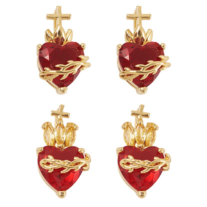 4шт 2 стили латунные стеклянные подвески, сердце с крестом, без свинца и без кадмия, долговечный, стойки покрытие, граненые