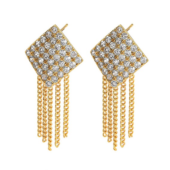 Clear Cubic Zirconia Rhombus Stud Earrings, Rack Plating Brass Chains Tassel Earrings, Long-Lasting Plated, Cadmium Free & Lead Free