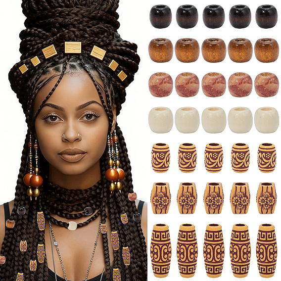 110Pcs 7 Styles Plastic and Wood Beads, Imitation Wood, Large Hole Beads, Mixed Shapes