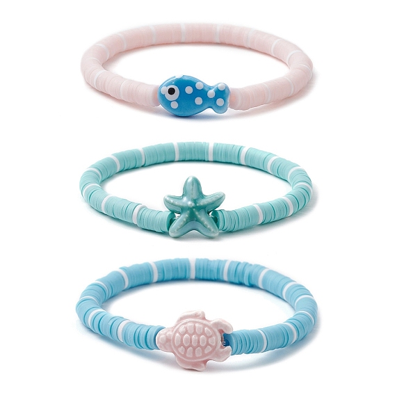 Плоские круглые браслеты ручной работы из полимерной глины heishi с бусинами, составные браслеты для женщин, с синтетической бирюзовой крошкой и фарфором