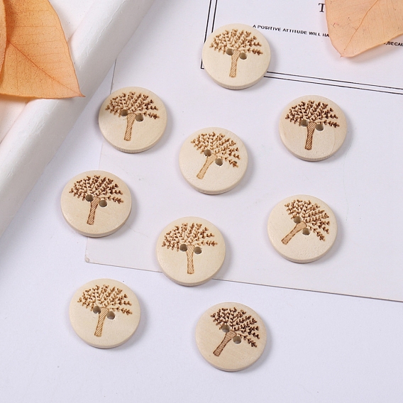 Wood Buttons, 2-hole, Flat Round with Tree