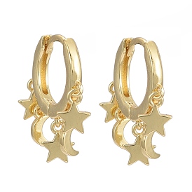 Brass Huggie Hoop Earrings, Long-Lasting Plated, Star and Moon