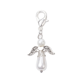 Angel Acrylic Imitation Pearl Pendant Decorations, with Glass Pearl Beads and Zinc Alloy Lobster Claw Clasps