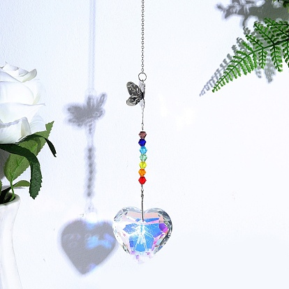 Glass Leaf/Heart/Cone & Bicone Pendant Decorations, Hanging Suncatchers, with Iron Findings and Bees Link, for Garden Window Decoration