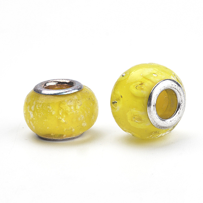 Handmade Luminous Lampwork European Beads, with Brass Double Cores, Large Hole Beads, Rondelle