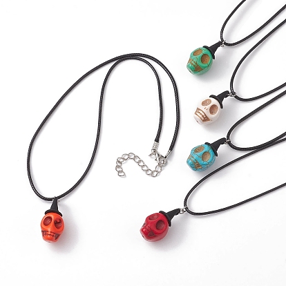 Halloween Theme Dyed Synthetic Turquoise Skull Pendant Necklaces, Waxed Rope Necklaces