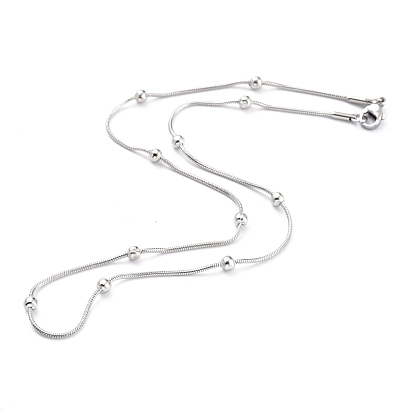 304 Stainless Steel Round Snake Chain Necklaces, with Round Beads and Lobster Claw Clasps