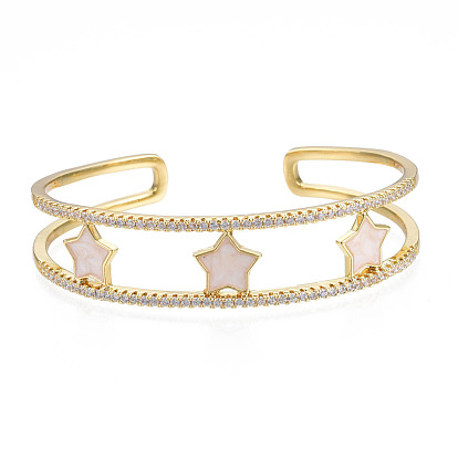 Enamel Star Open Cuff Bangle with Clear Cubic Zirconia, Real 18K Gold Plated Brass Jewelry for Women
