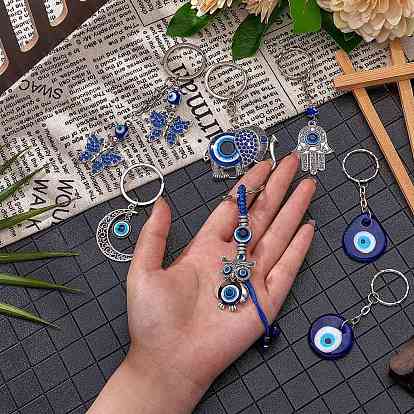 7Pcs 7 Style Resin & Lampwork Evil Eye Keychain, with Iron Key Ring & Alloy Findings, Mixed Shape