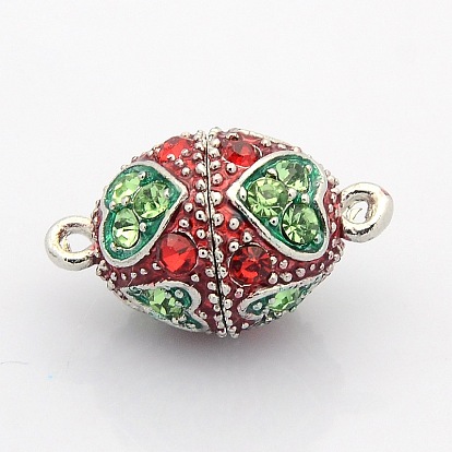 Овальные магнитные застежки из сплава эмали с платиновым напылением и петлями, со стразами классом a , 23x14 мм, отверстие : 2 мм