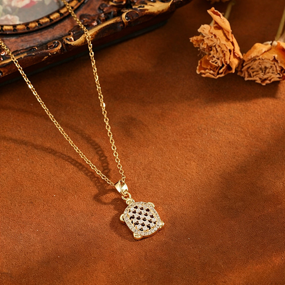 Summer Beach Brass Pave Clear Cubic Zirconia Hollow Tortoise Pendant 304 Stainless Steel Cable Chain Necklaces for Women